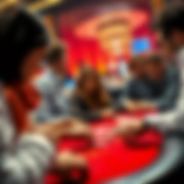 A group of people focused on a table game in a casino, with chips and cards visible, showcasing excitement and tension.