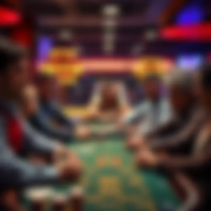 A group of players at a Craps table, some smiling while others appear focused or critical