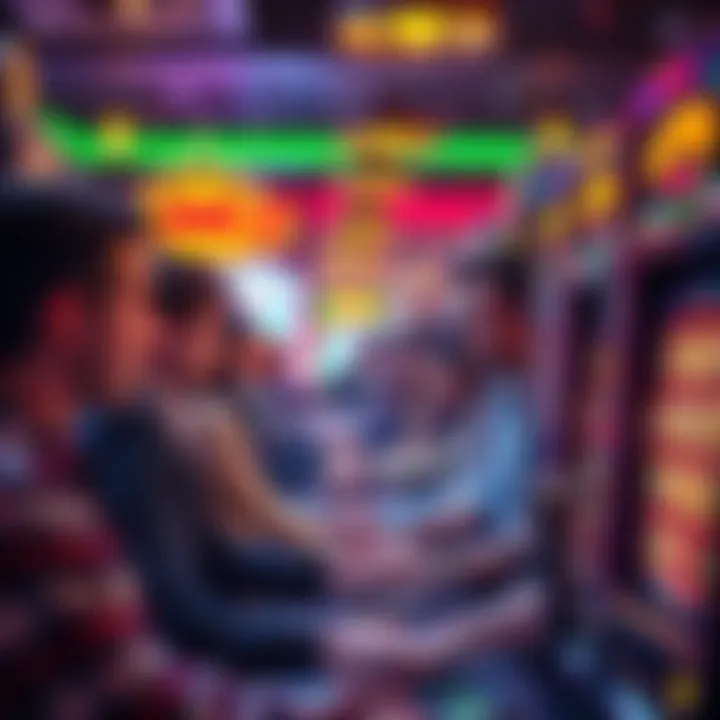 A group of people at slot machines in a bustling casino, showing expressions of excitement and disappointment