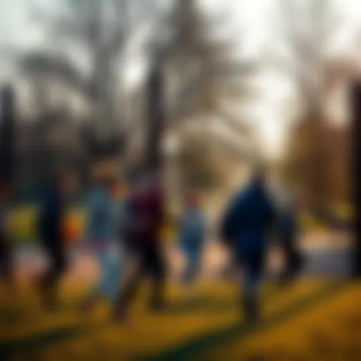 A group of people in a park engaging in a game of tag, showing excitement and interaction.