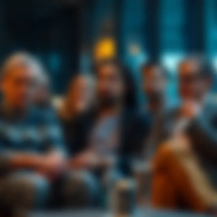 Group of people sitting together, discussing their experiences with financial losses, showing expressions of concern and thoughtfulness.