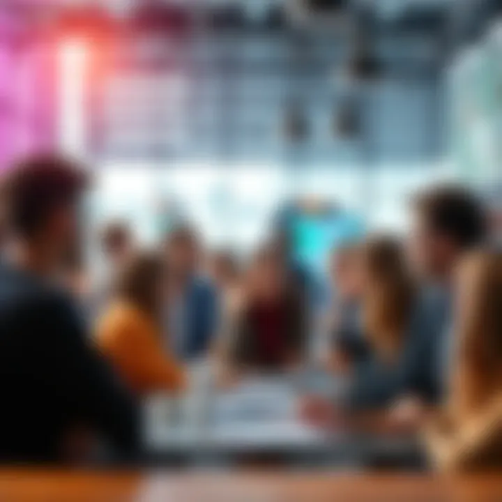 A diverse group of people discussing current trends and topics in a lively setting