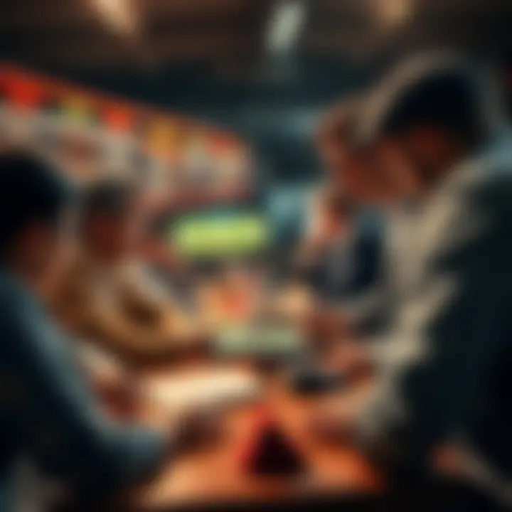 A group of people gathered around a table, analyzing sports statistics and placing bets on various games, showing focus and anticipation.
