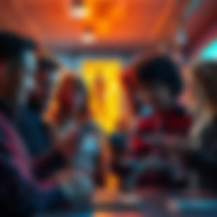 A group of diverse individuals interacting with the Vault platform on various devices, discussing its benefits and experiences.