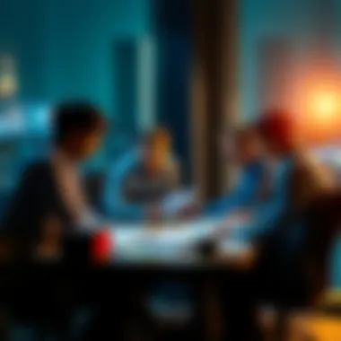 A group of people discussing betting odds at a table with papers and charts