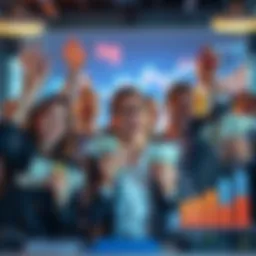 Group of people celebrating financial success, showing money and smiles, with graphs in background