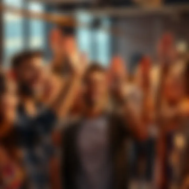 A diverse group of people joyfully celebrating another person's achievements with smiles and high-fives.