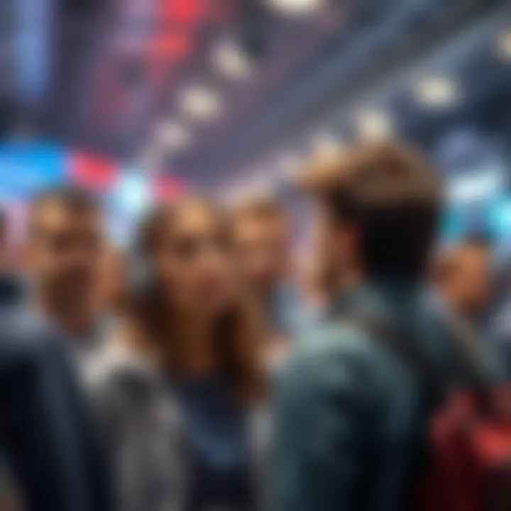 A group of people showing confusion while discussing an unexpected event in a crowded area