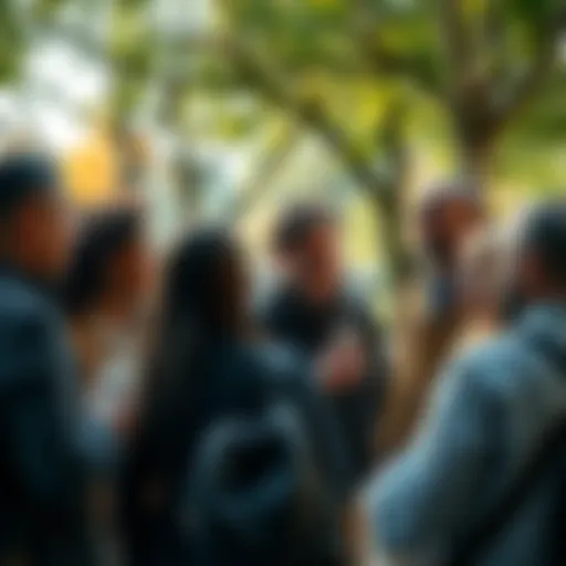 A group of diverse individuals engaged in a lively conversation about modern topics in a park setting.