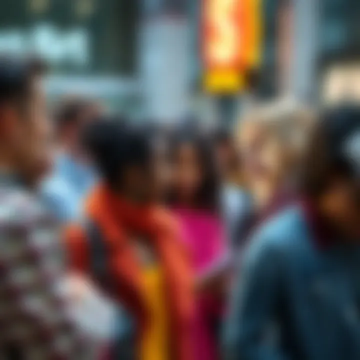 A group of diverse people engaged in a serious discussion about current societal challenges in a public space