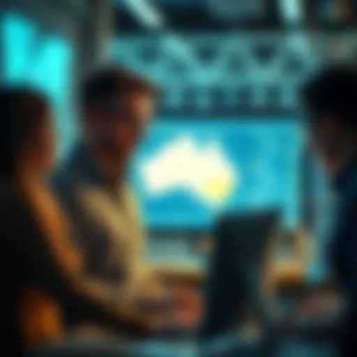 A group of people looking at a computer screen, talking about a broken link in Australia