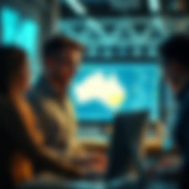 A group of people looking at a computer screen, talking about a broken link in Australia