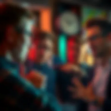 A group of people engaged in a lively discussion about monthly rewards, showing expressions of curiosity and skepticism.