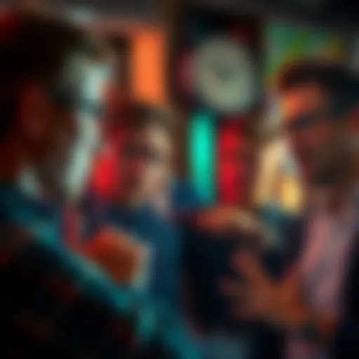A group of people engaged in a lively discussion about monthly rewards, showing expressions of curiosity and skepticism.
