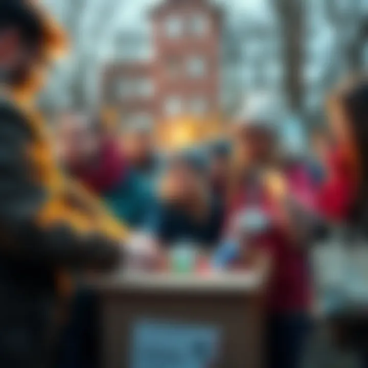 A group of people participating in a donation drive, putting items into a collection box.
