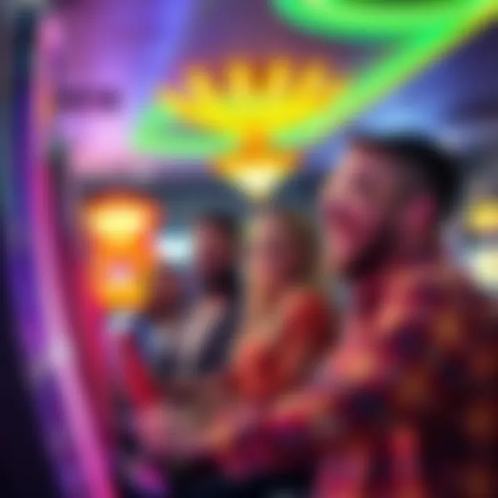 A group of people laughing and playing slot machines in a bright casino