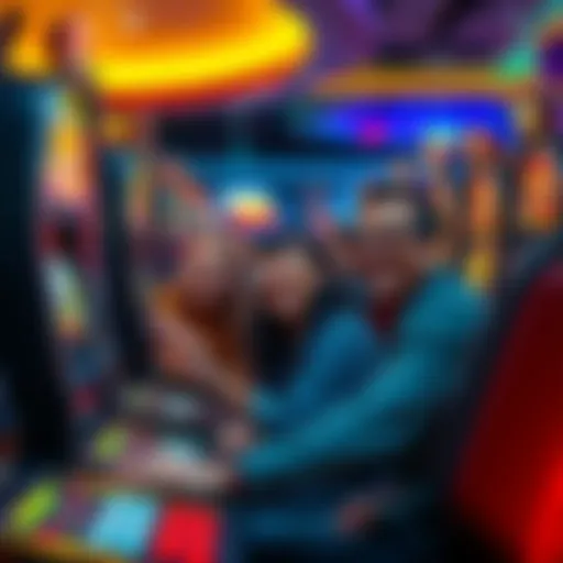A group of people playing slot machines at a casino, expressing excitement and joy