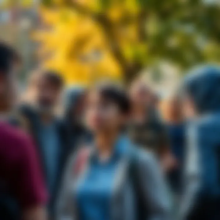 A diverse group of people discussing recent societal changes in a park, showing expressions of interest and concern.