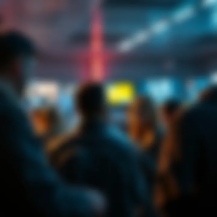 A group of people engaged in discussion on various forums, some trying to remain unnoticed while others react to their presence.