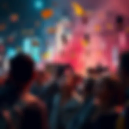 A group of people confused by a chaotic event, with various mishaps happening around them.