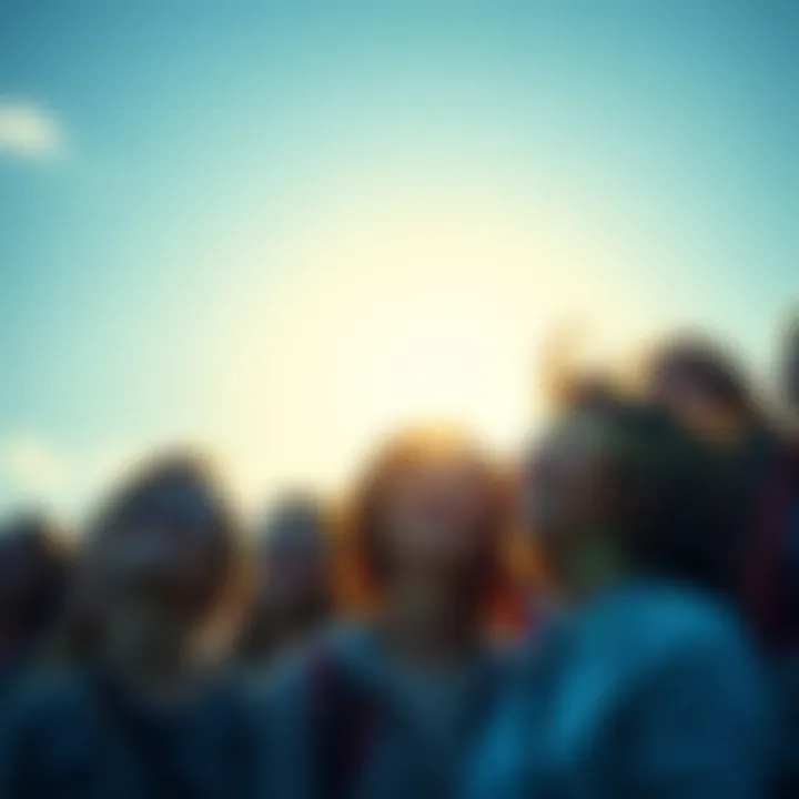 A group of diverse people smiling and looking towards a sunny horizon, symbolizing hope and positivity about the future.