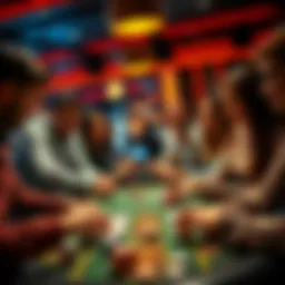 A group of people gathered around a casino table, excited and hopeful while playing games, looking at the cards and chips with anticipation.