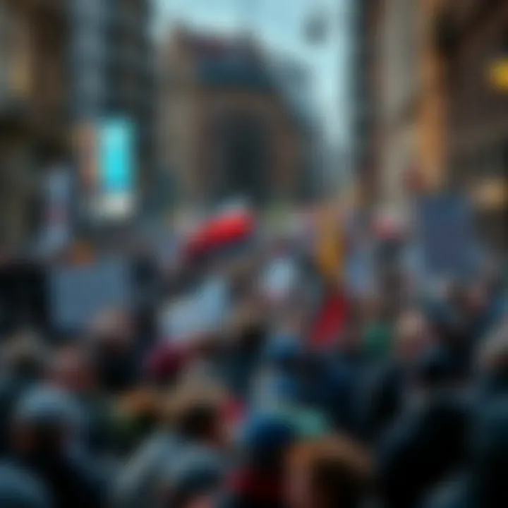 Crowd of people holding signs and banners during a protest about political and economic issues.