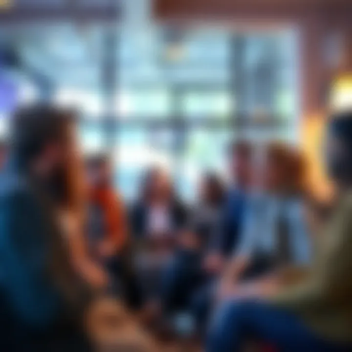 Group of people discussing and sharing their experiences in a casual setting