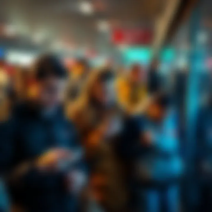 A group of people looking anxious while checking their phones, waiting for delivery updates in a crowded area.