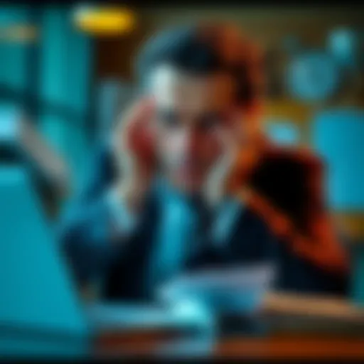 A concerned looking Perez sitting at a desk with his hands on his face, reflecting on tough decisions, background shows papers and a laptop.