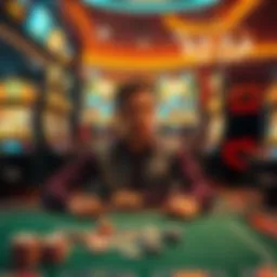 A person looks apprehensive while sitting alone at a casino table, surrounded by colorful slot machines and gaming chips.