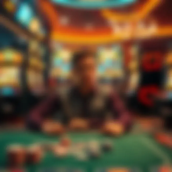A person looks apprehensive while sitting alone at a casino table, surrounded by colorful slot machines and gaming chips.