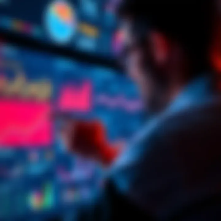 Person analyzing data A person looking at a screen filled with data and charts, trying to understand information from the community.