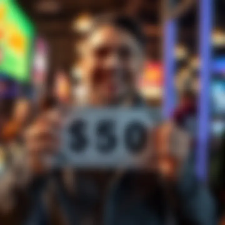 A person with a big smile holding a sign showing fifty dollars, symbolizing their journey of saving money after quitting gambling.