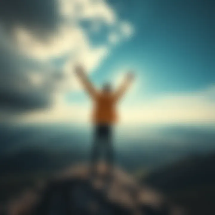 A person with arms raised in joy, standing on a mountain top, overlooking a beautiful landscape after achieving a goal