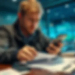Person looking at betting results A person with a concerned expression checking their betting results on a phone, surrounded by notes and a calculator.