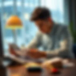 A person sitting at a table, looking worried with bills and a calculator, symbolizing financial struggles due to gambling debts.