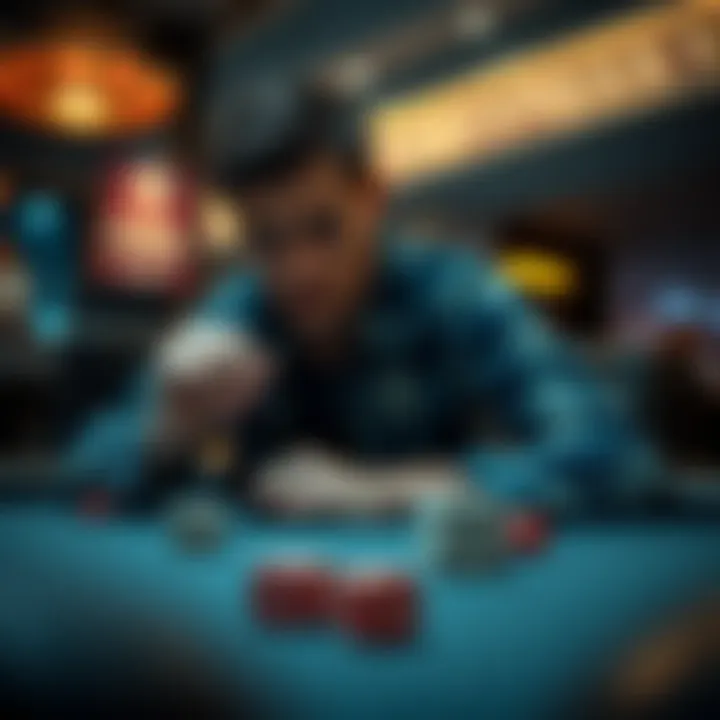 Individual sitting at a table with dice, looking pensive and conflicted about gambling urges