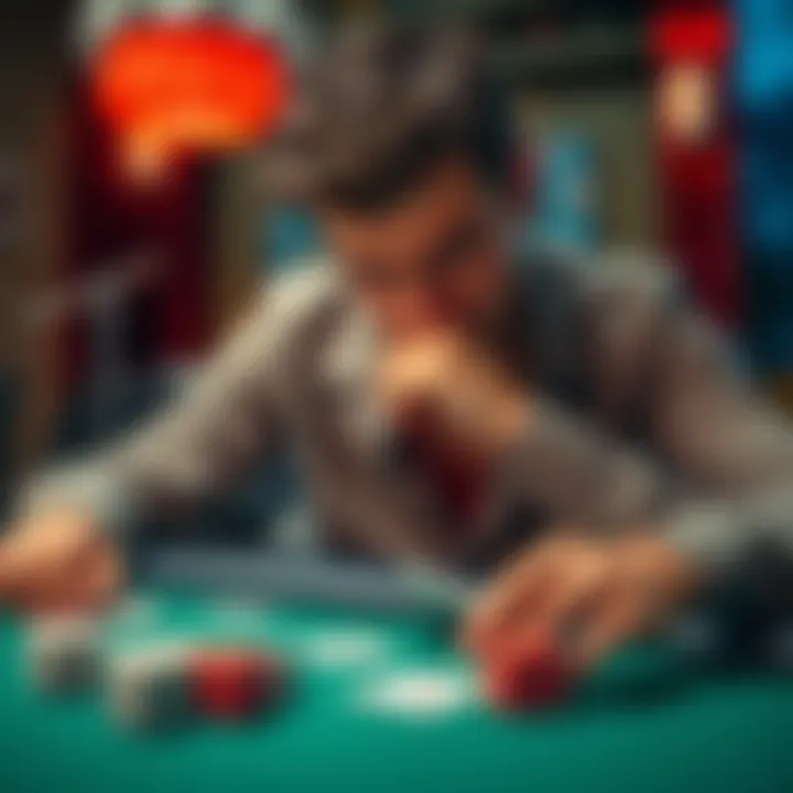 A thoughtful individual sitting at a table with playing cards and dice, reflecting on past gambling experiences, showing a mix of emotions like frustration and determination.