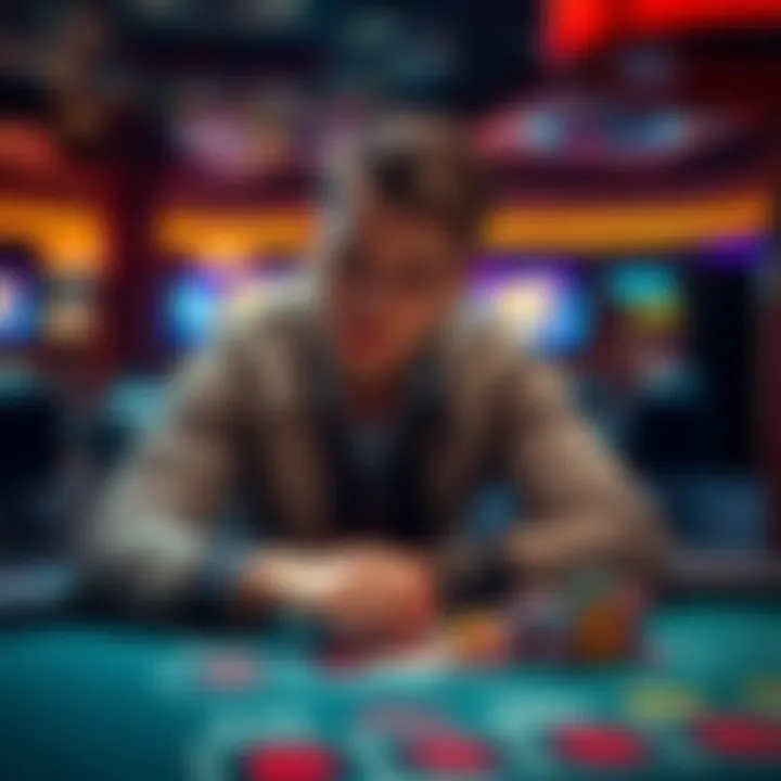 Individual sitting at a gaming table, deep in thought, weighing options to play or withdraw winnings