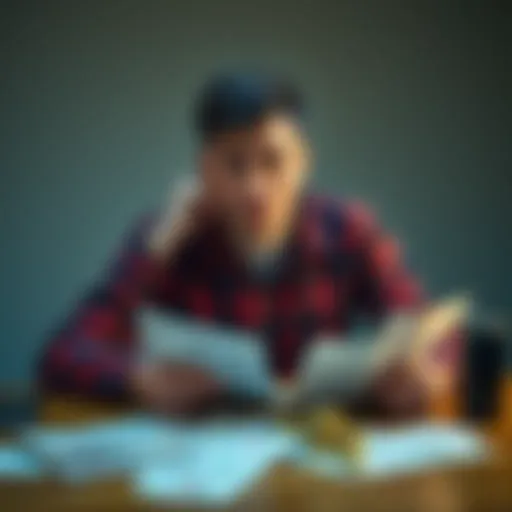 A person sitting at a table with bills and a gambling item, looking frustrated and determined to change their life, symbolizing the struggle to quit gambling and manage debt.