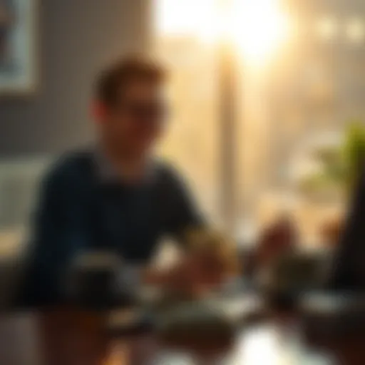 A person sitting at a table with early morning light, counting cash and looking satisfied