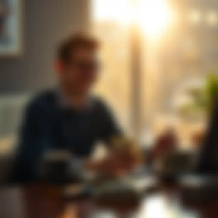 A person sitting at a table with early morning light, counting cash and looking satisfied