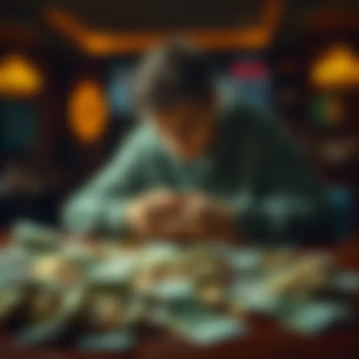 Person Counting Money A person sits at a table with scattered euro bills, looking distressed as they count their money after a night of gambling.