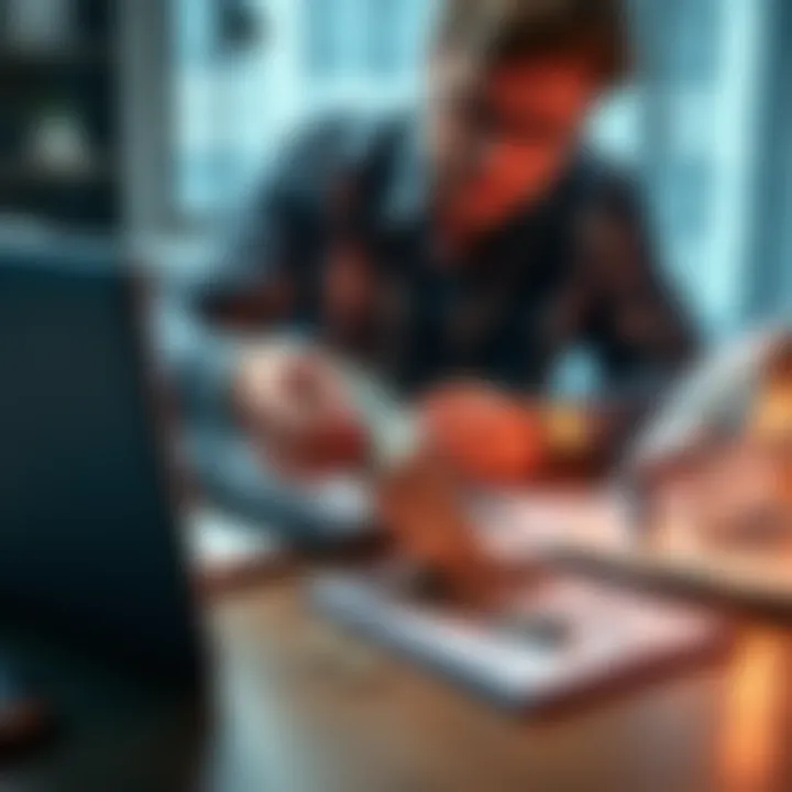 A person is counting cash on a table with a laptop and financial documents nearby