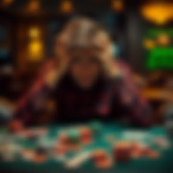 A person sitting at a table with their head in their hands, surrounded by gambling chips and cards, showing signs of frustration and despair due to a relapse into gambling addiction