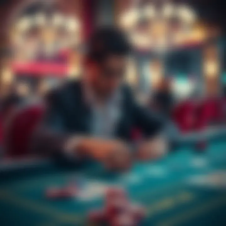 A person sitting at a casino table with cards and chips, looking contemplative about their gambling choices