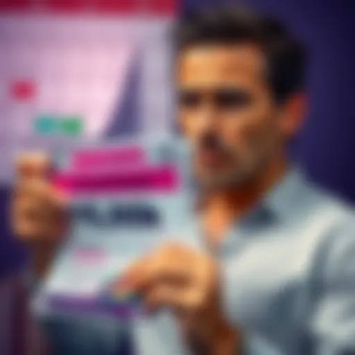 Individual looking disappointed while holding a flyer for a $5,000 event package in Cyprus, with a calendar showing scheduling conflicts in the background.