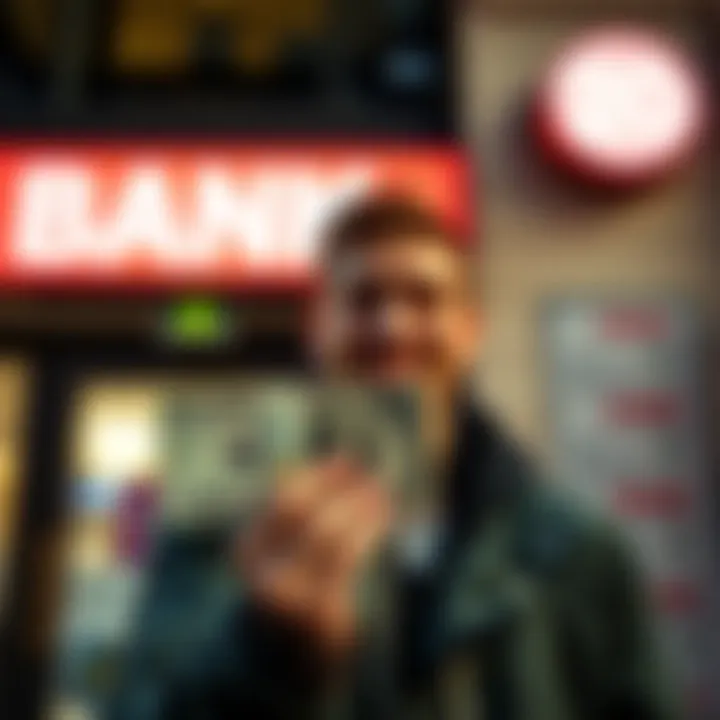 A person smiling while holding a twenty dollar bill in front of a bank sign