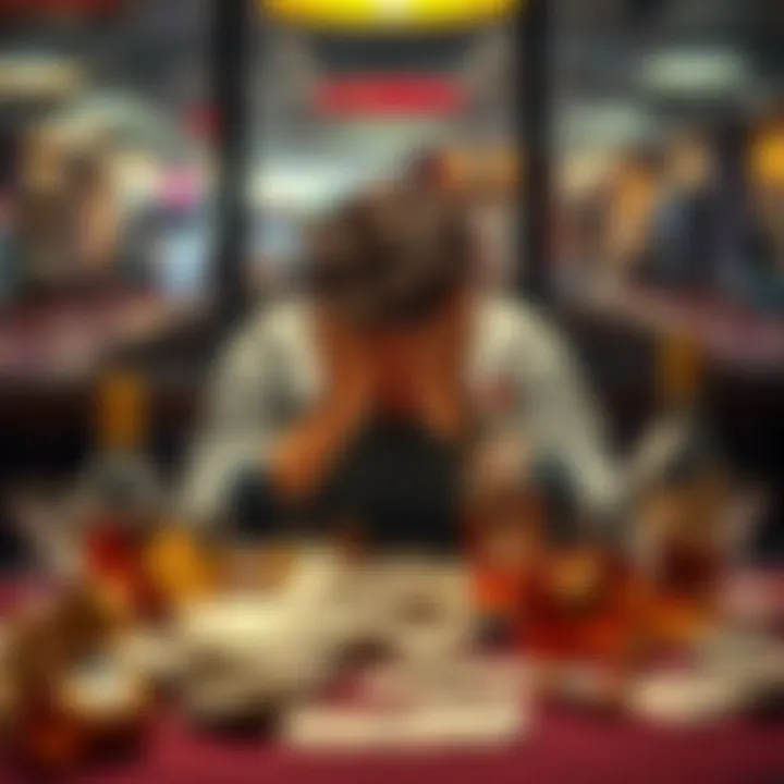 A person sits alone at a table with their head in their hands, surrounded by bills and empty liquor bottles, reflecting on their financial struggles from gambling.